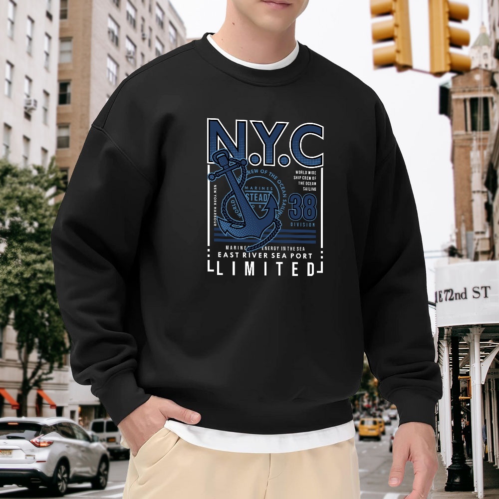 Vintage Fashion Nyc - Men's Black Crew Neck Loose Sweatshirt,