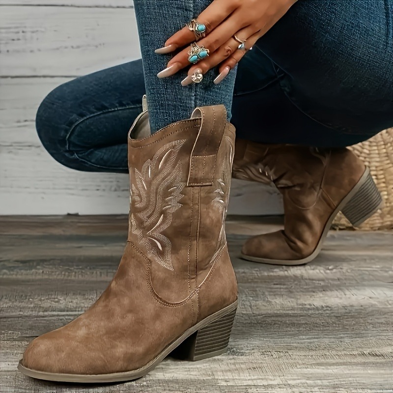 Vintage Old Fashion - Womens Western Cowboy Boots Mid Calf