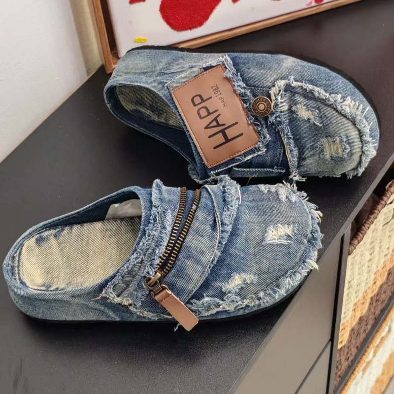 Washed Denim Metal Toe Flat He - Vintage Old Fashion ulasan dan harga