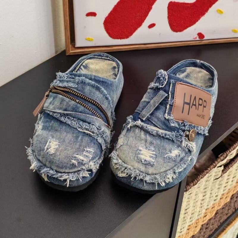 Washed Denim Metal Toe Flat He - Vintage Old Fashion ulasan dan harga