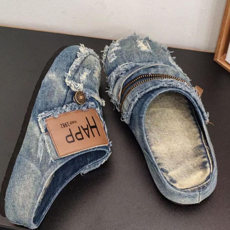 Washed Denim Metal Toe Flat He - Vintage Old Fashion ulasan dan harga