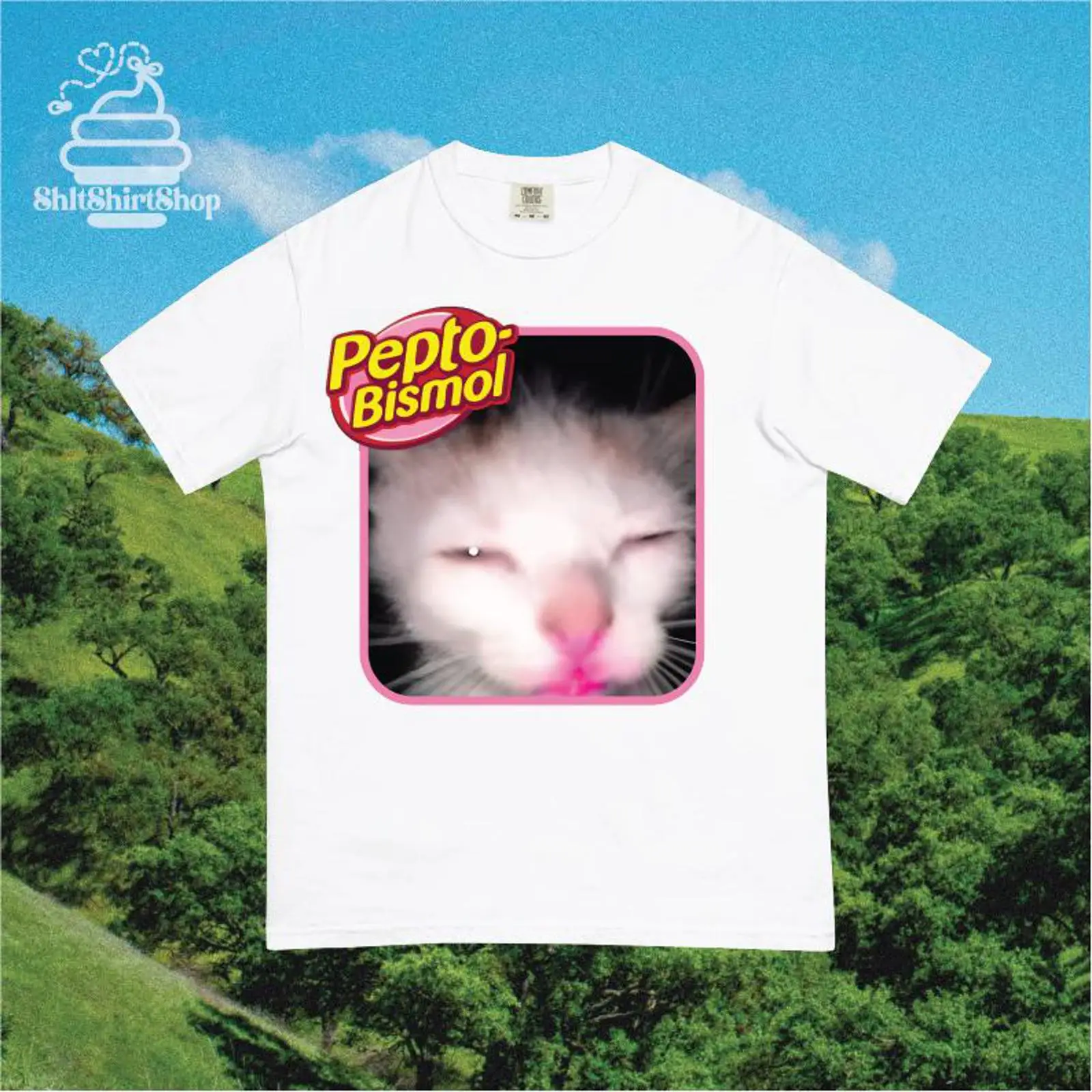 Pepto Bismol Meme Cat T Shirt  - Vintage Fashion Gen Z ulasan dan harga